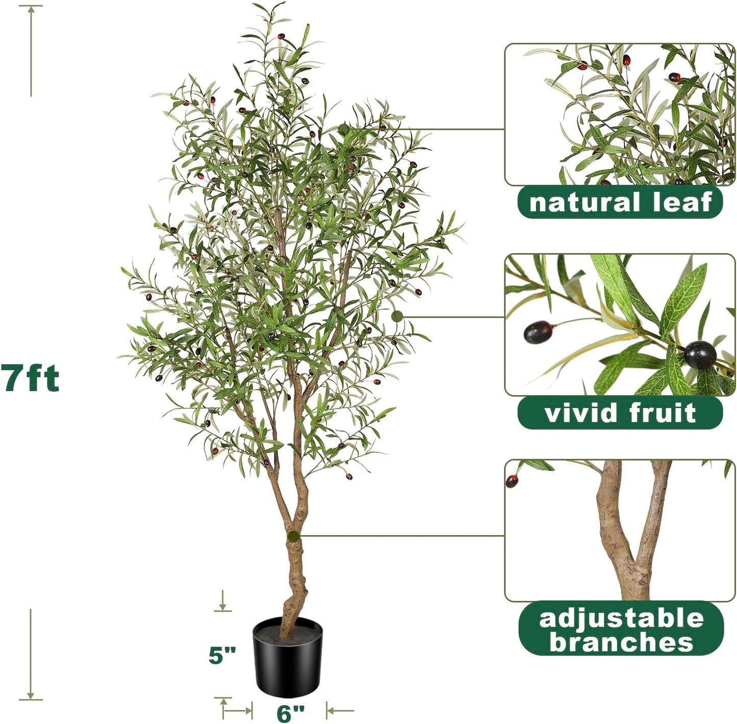 Planter Olive Branches and Realistic Leaves / 7ft / Natural / 7 Inch