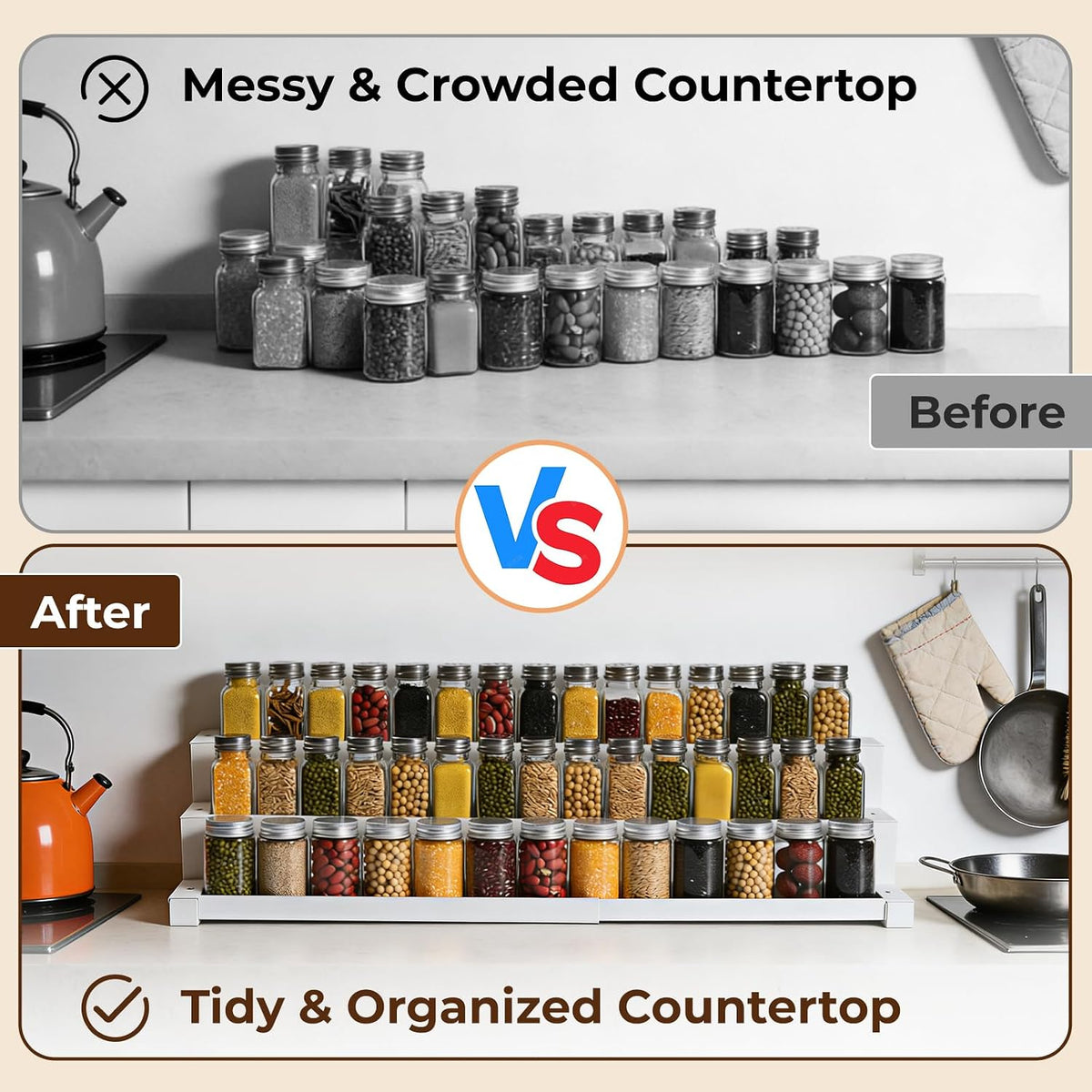 3-Tier Spice Rack Organizer for Kitchen Cabinet or Pantry, 16"-29" Expandable Spice Organization Shelf, Seasoning