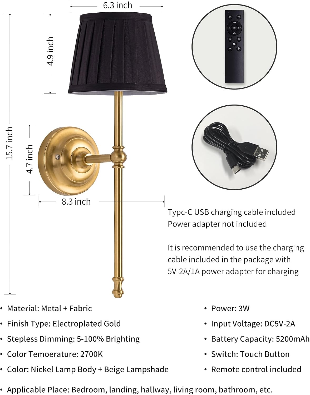 KDG Gold Cordless Wall Sconces Set of 2, Black Fabric LED Wall Lamps | Wireless Small Rechargeable Battery, Portable