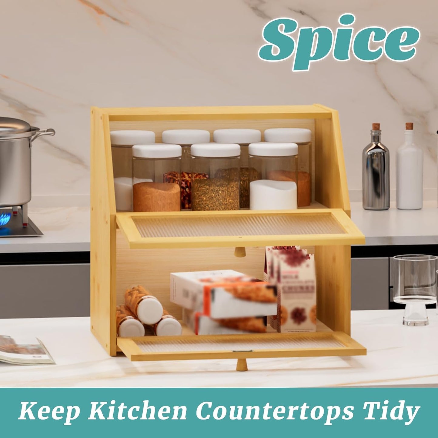 Extra Large Bread Box for Kitchen Counter, Bamboo Wood Double Layer Bread Box for Kitchen Counter, Wooden Capacity