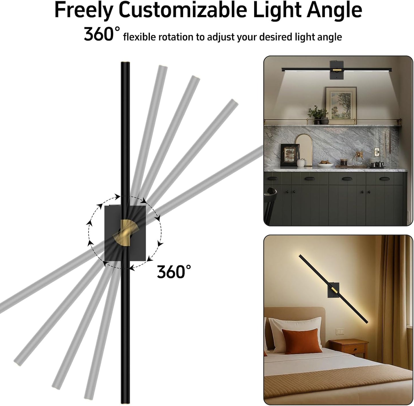 Battery Operated Wall Sconces Set of 2, 10000mAh, Black | Detachable rechargeable battery, 31.5" wireless lighting for