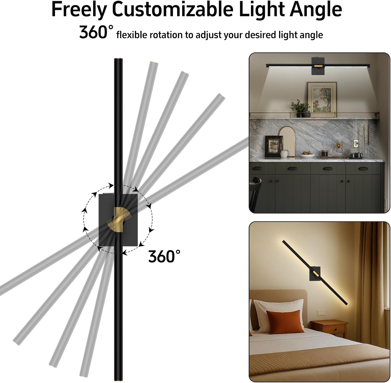 Battery Operated Wall Sconces Set of 2, 10000mAh, Black | Detachable rechargeable battery, 31.5" wireless lighting for