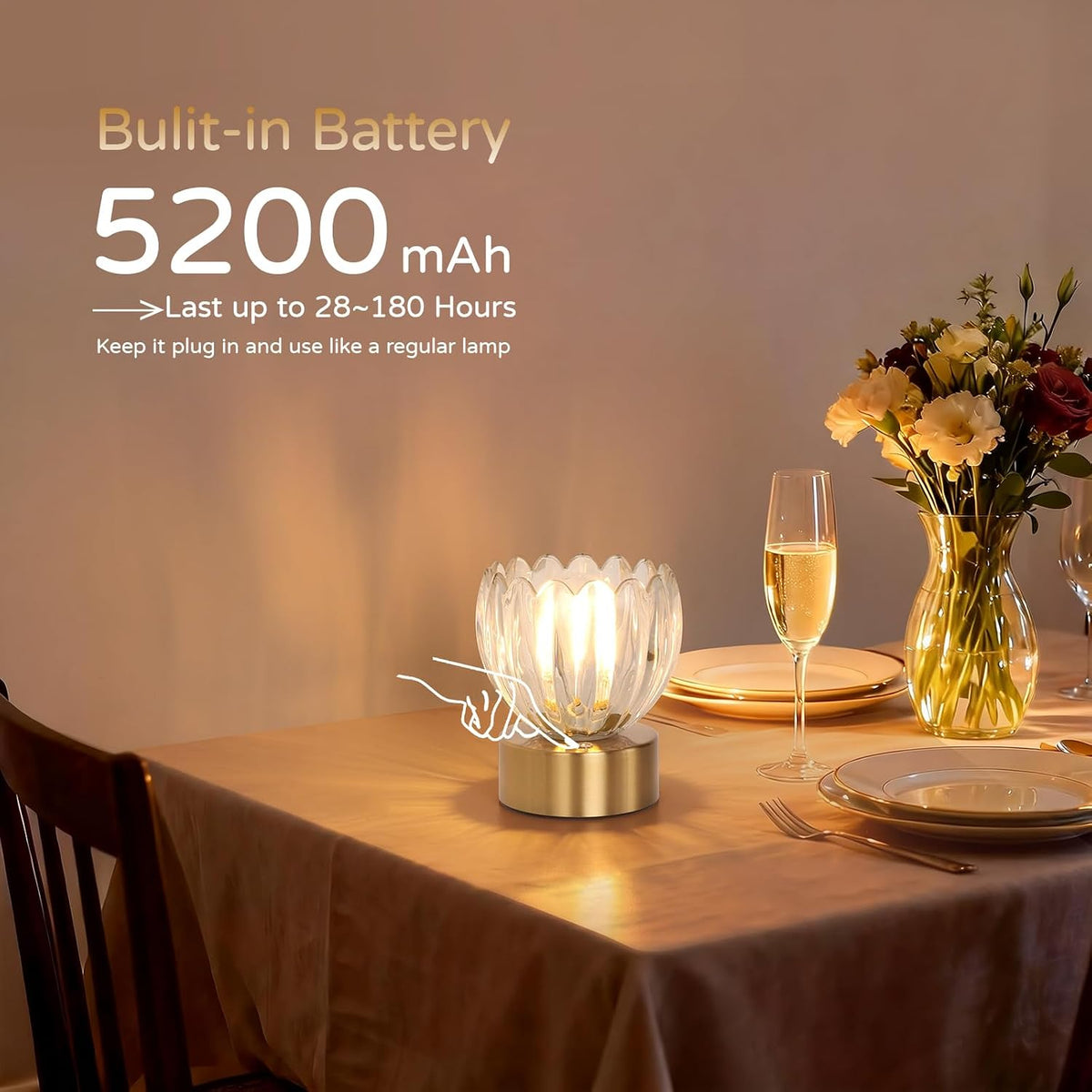 Shenmoyl Cordless Small Table Lamp with 5200mAh Battery & Touch Control, Battery Operated Tulip Table Lamp with 3