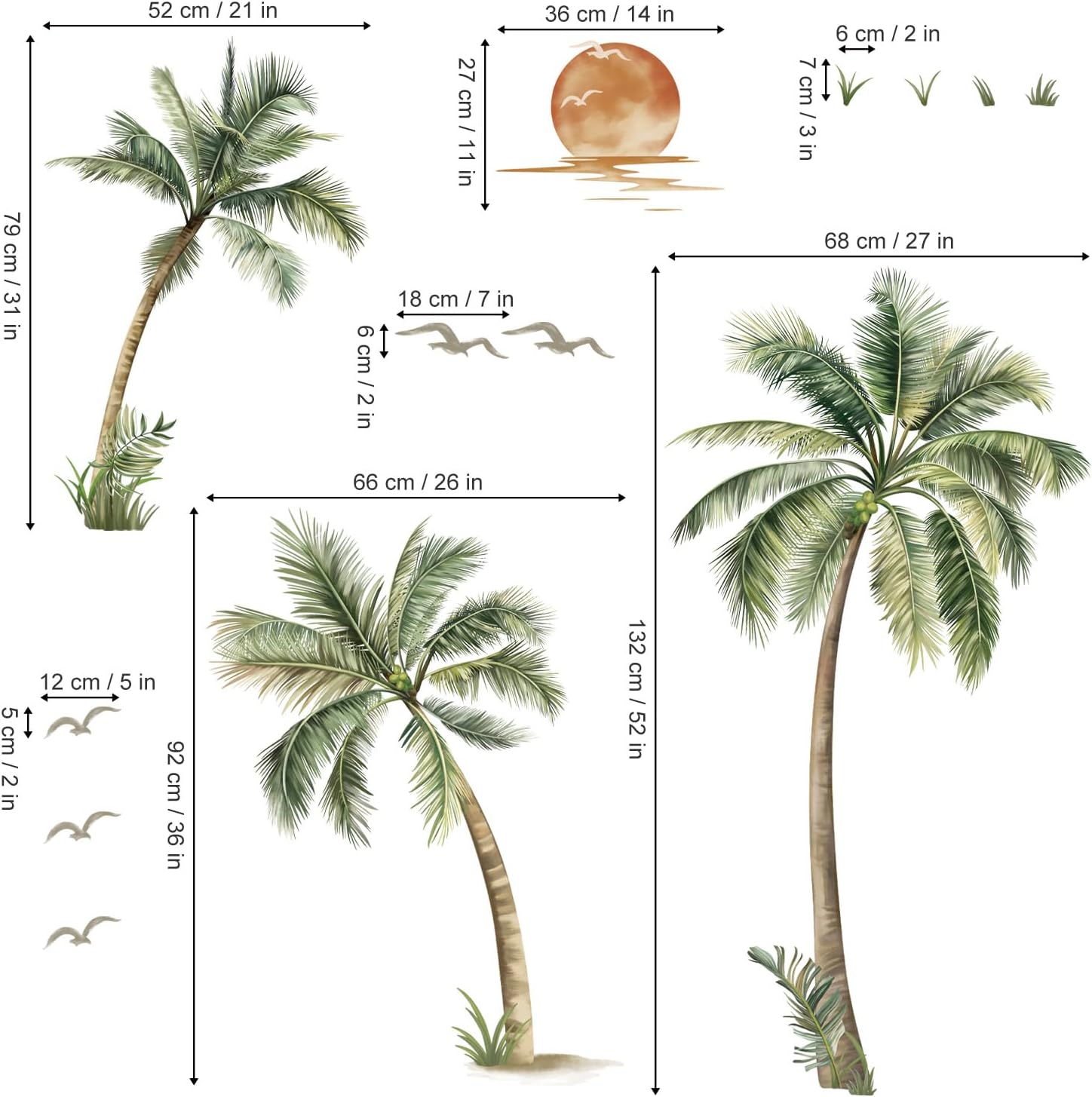 Large Boho Palm Tree Wall Decals Tropical Plant Sunset Beach Wall Stickers Living Room Bedroom