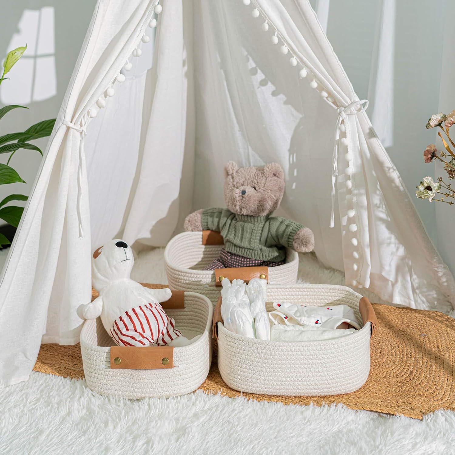 Rectangle Cotton Rope Woven Basket / White / 11.4 x 10.6 x 5.5 / Set of 3