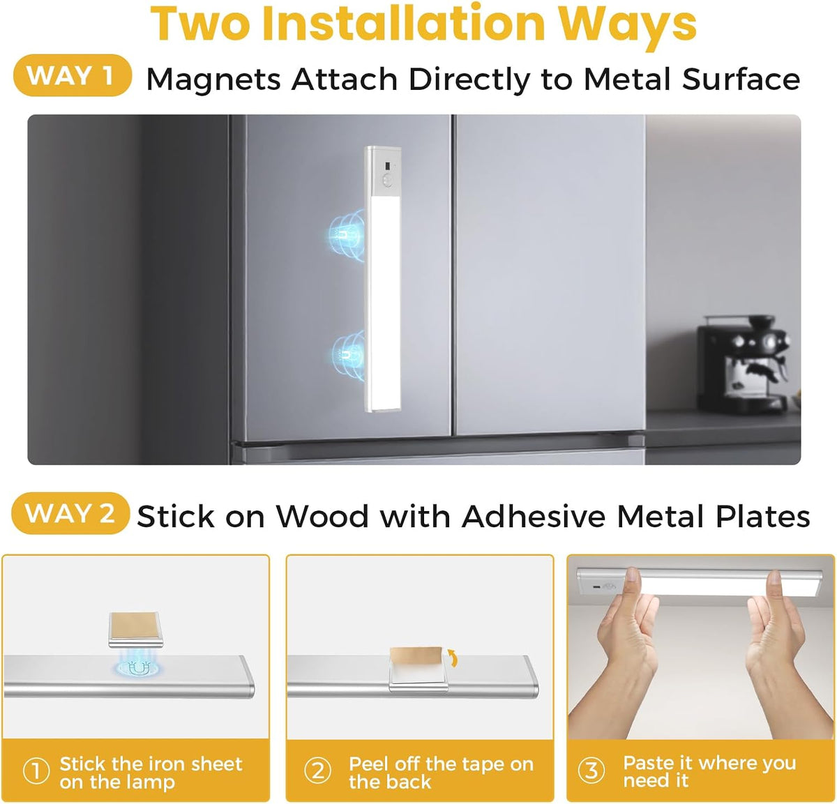 Rechargeable Under Cabinet Lights, 11.8 Inch Motion Sensor LED Light Bars with Hand Wave Control, Dimmable 3 Color