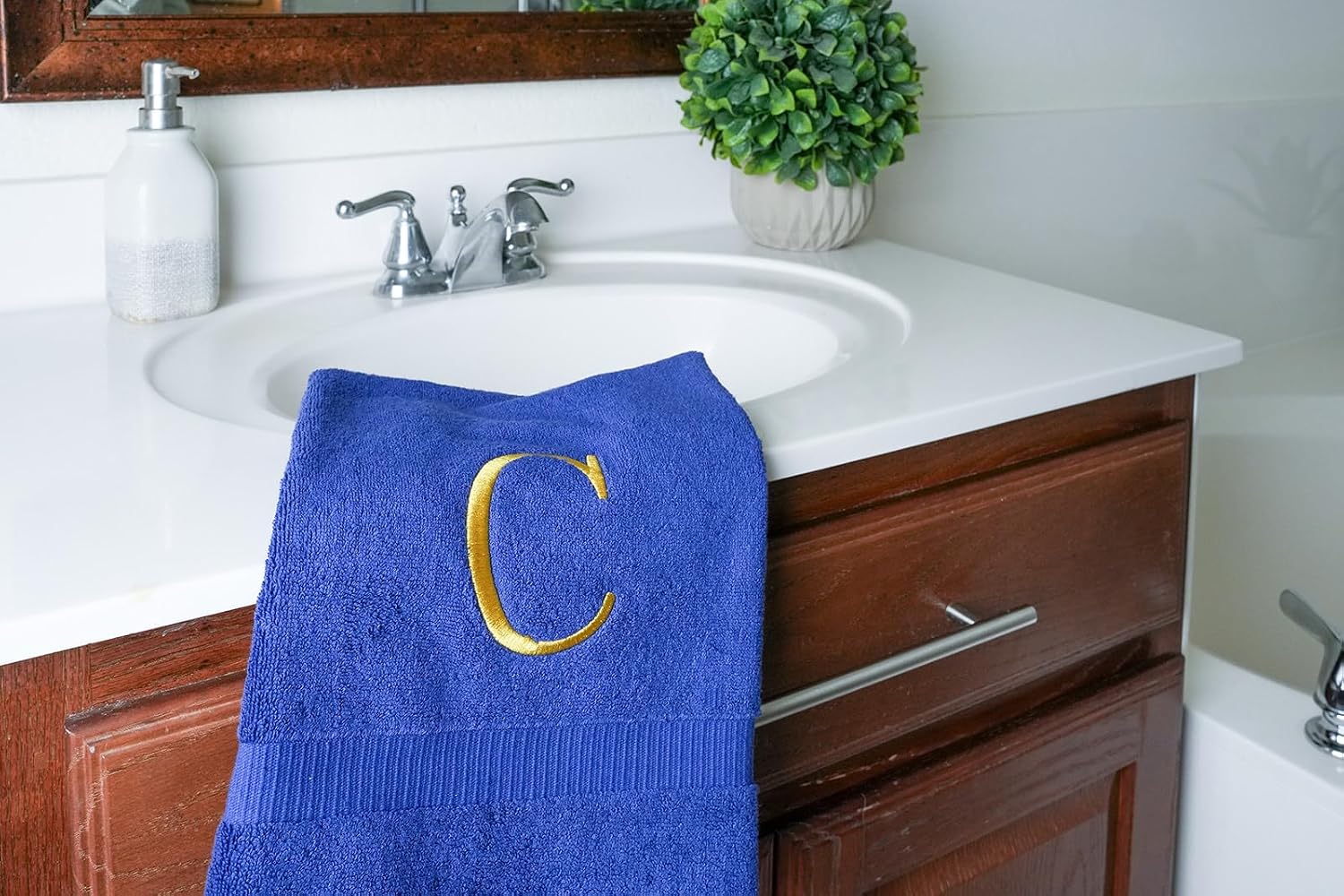 Navy with Gold Monogrammed Hand Towels for Bathroom - Set of 2 Letter C | Luxury Hotel Quality Initial Towels For