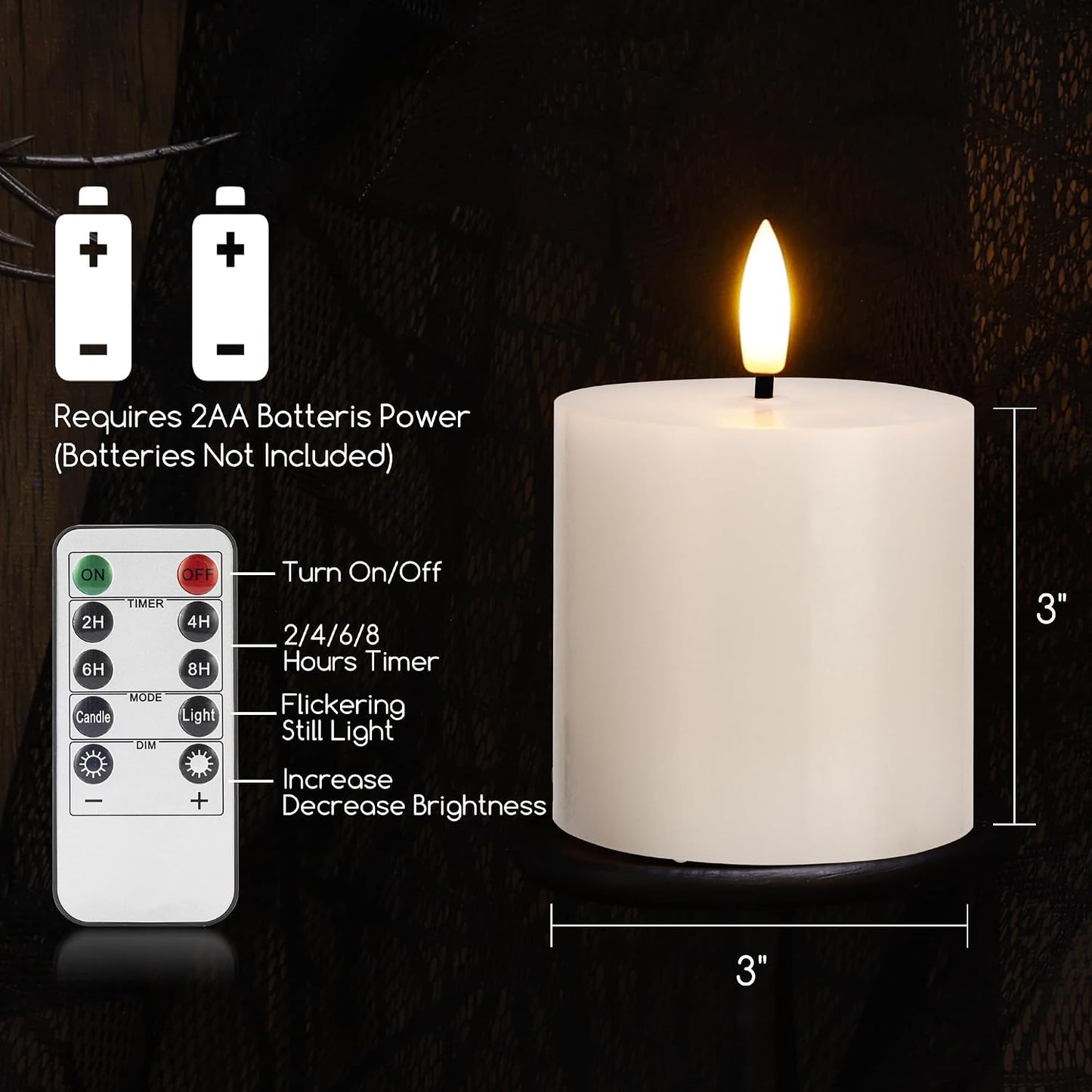 White Flickering Flameless Candles with Remote Timer, LED Candles 3 Psc | 3 x 3 Inch Real Wax Battery Operated Candles