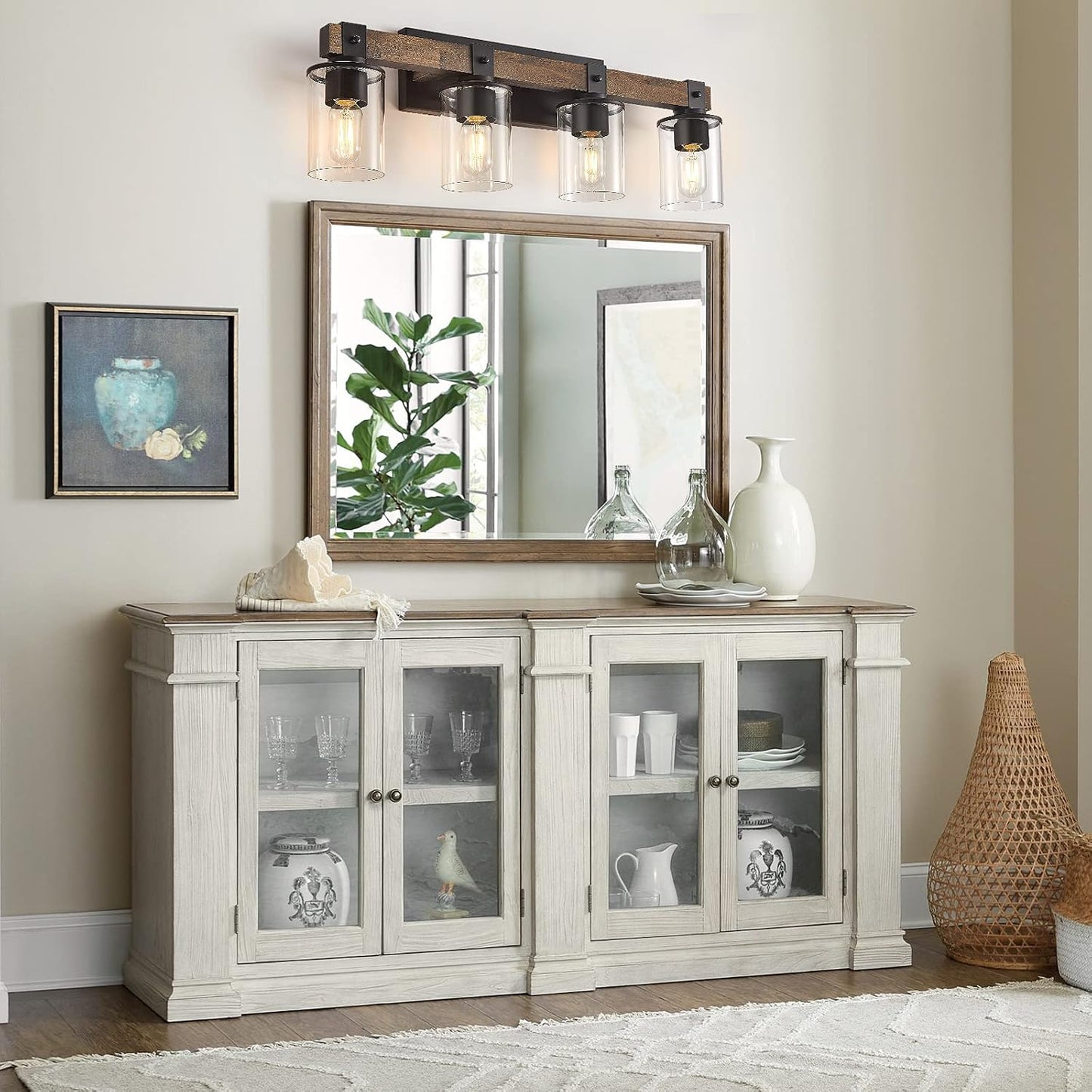 DUJAHMLAND Farmhouse Vanity Light Fixture, Industrial 4-Light Wood Wall Sconce Bathroom Vanity Lighting with Clear