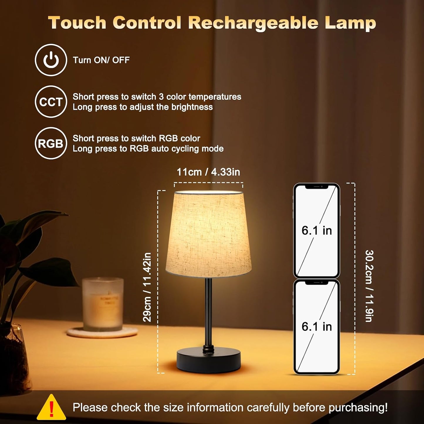 Wowag Small Cordless Table Lamp,5000mAh Rechargeable Battery Operated Desk Lamp,3 Colors & 7 RGB Stepless Dimmable