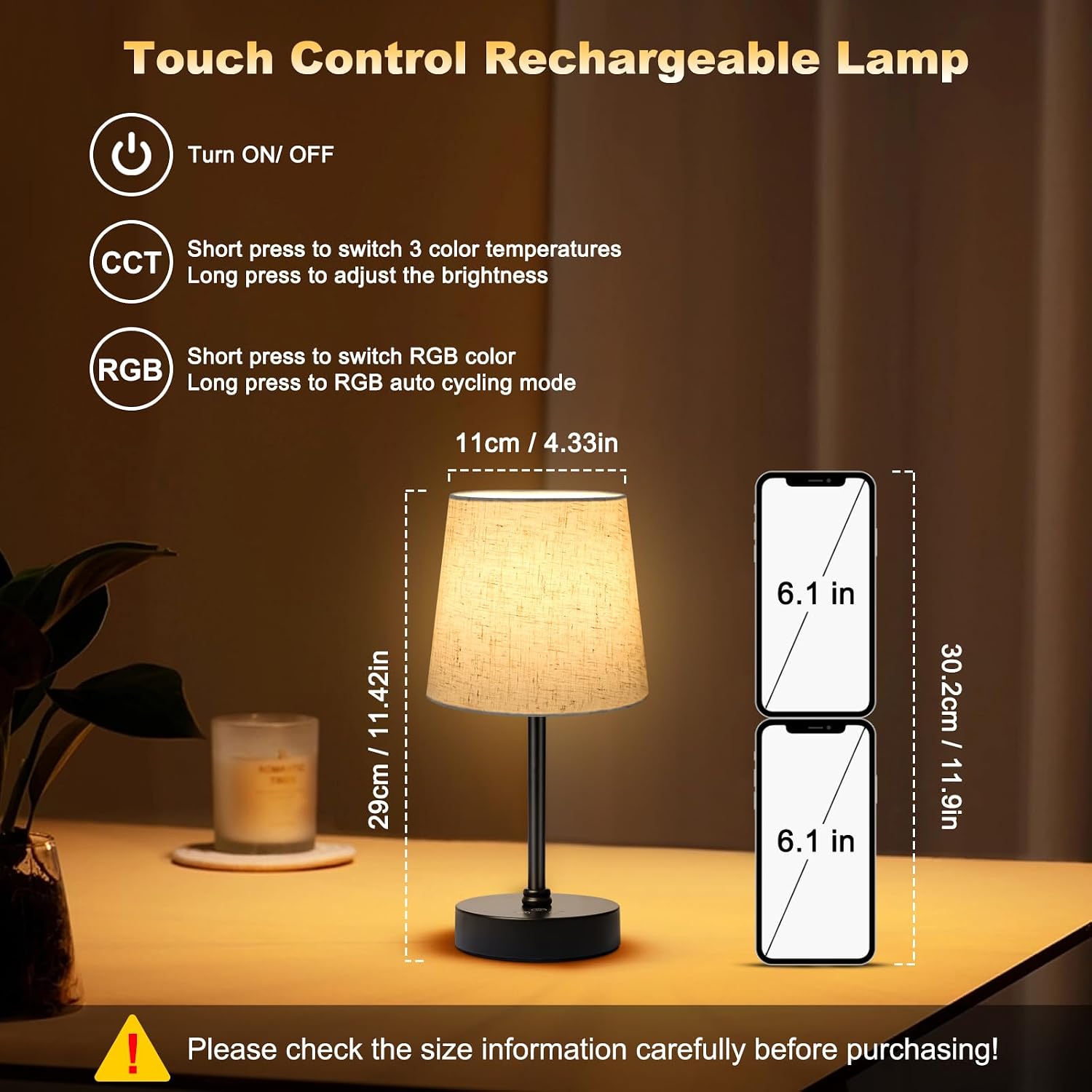 Wowag Small Cordless Table Lamp,5000mAh Rechargeable Battery Operated Desk Lamp,3 Colors & 7 RGB Stepless Dimmable