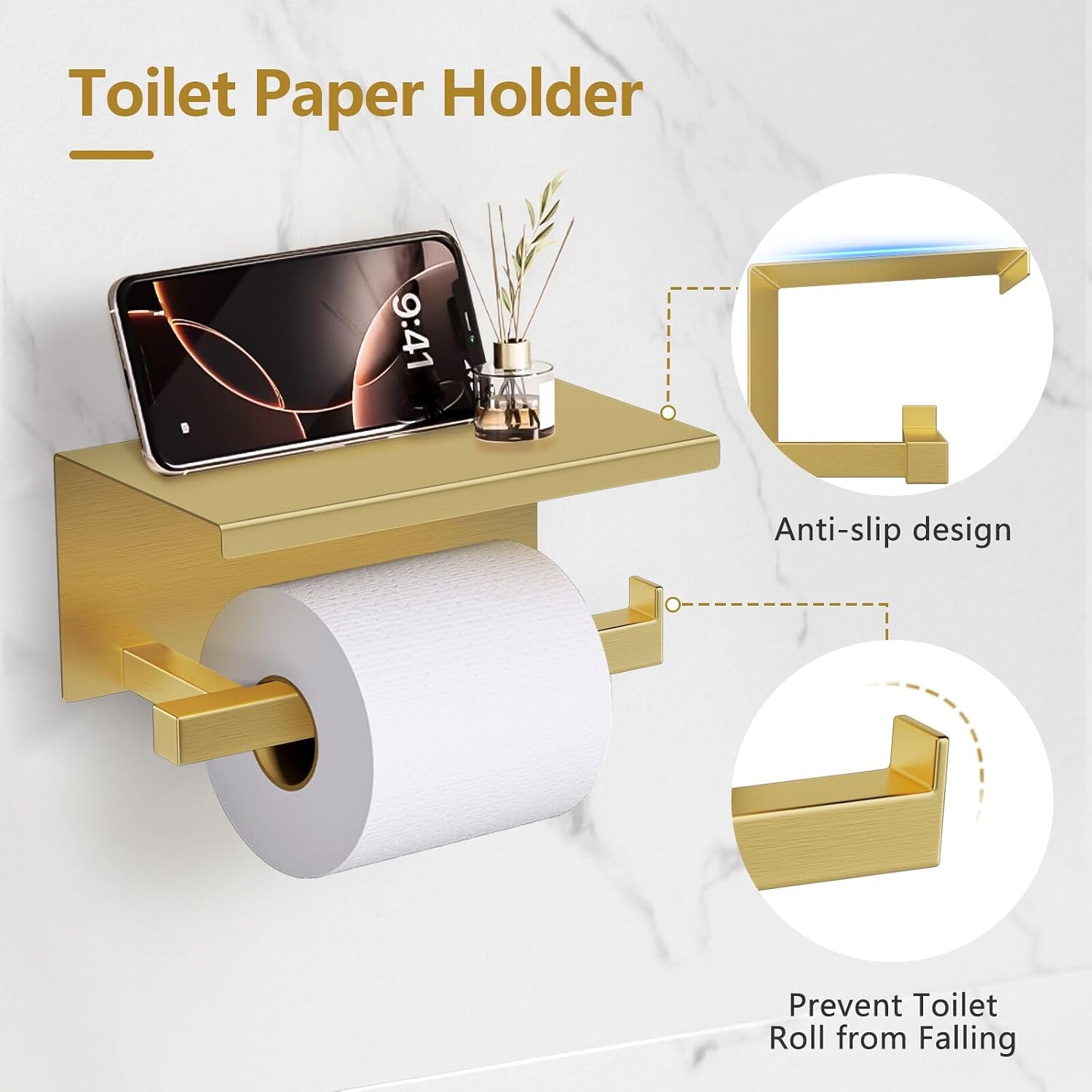 TQKAG 5-Pieces Brushed Gold Bathroom Hardware Accessories Set 23.6" SUS304 Stainless Steel Towel Bar Set Wall Mounted