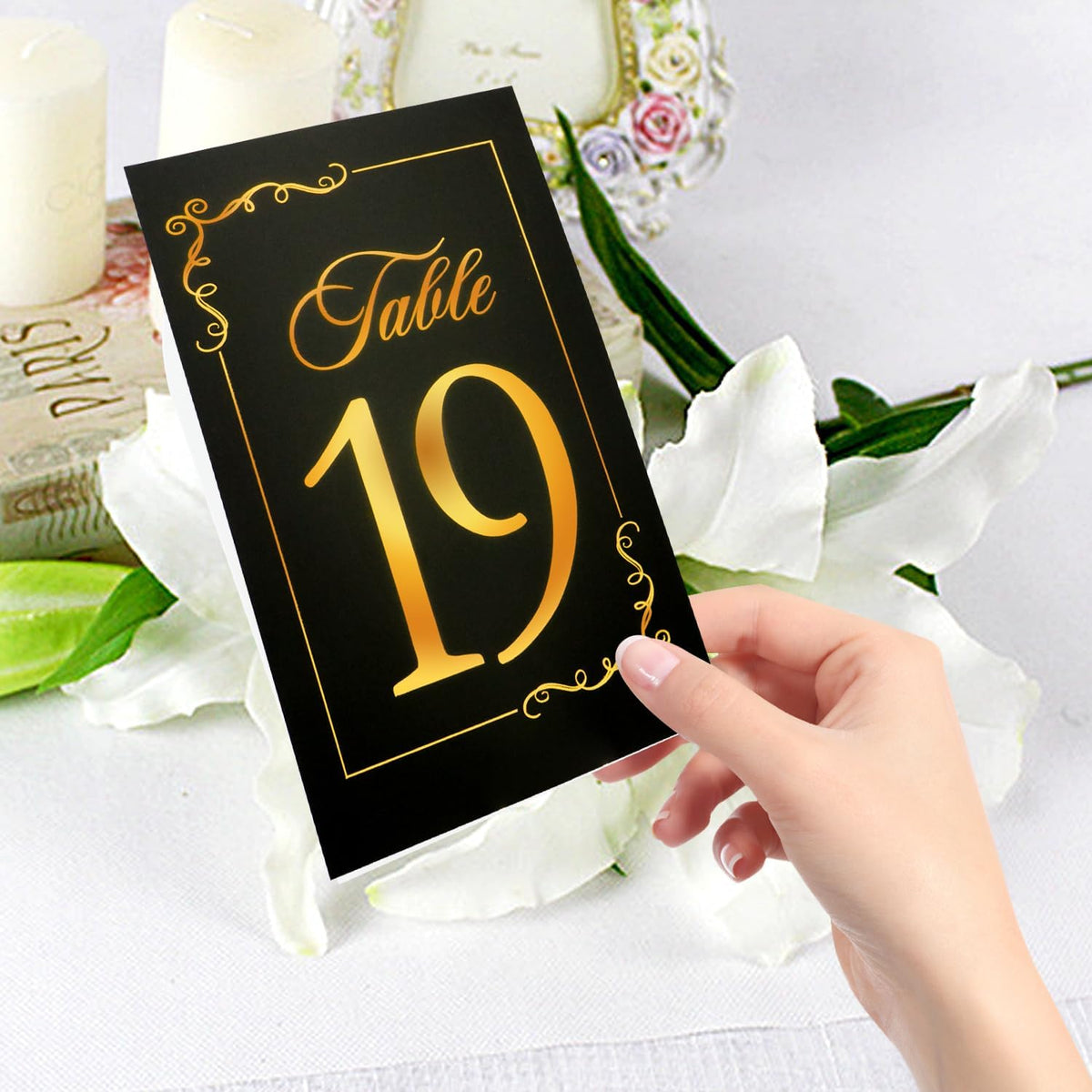 Wedding Table Numbers 1-40 and Head Table Card, Black Gold Table Number Cards with 41 Gold Table Number Holders, 1 Set