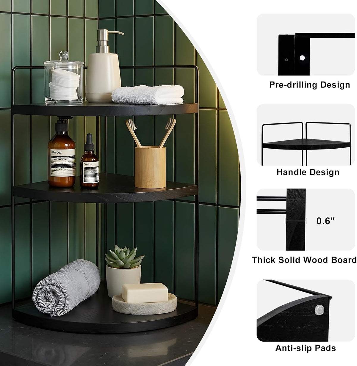 Corner Bathroom Counter Organizer Countertop Black, 2 Pack 3 Tier Corner Shelf Wood Vanity Tray Easy Assembly Space