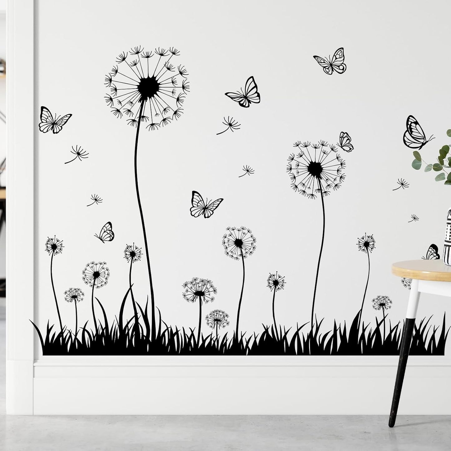 Dandelion and Butterfly Wall Decals Removable and White Nature Vinyl Stickers for Nursery / Black