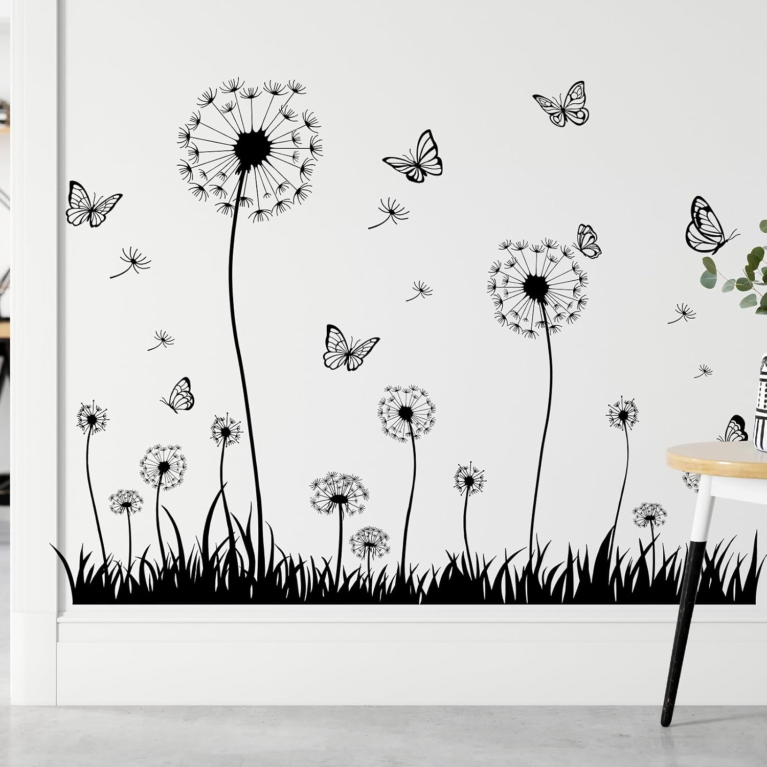 Dandelion and Butterfly Wall Decals Removable and White Nature Vinyl Stickers for Nursery / Black