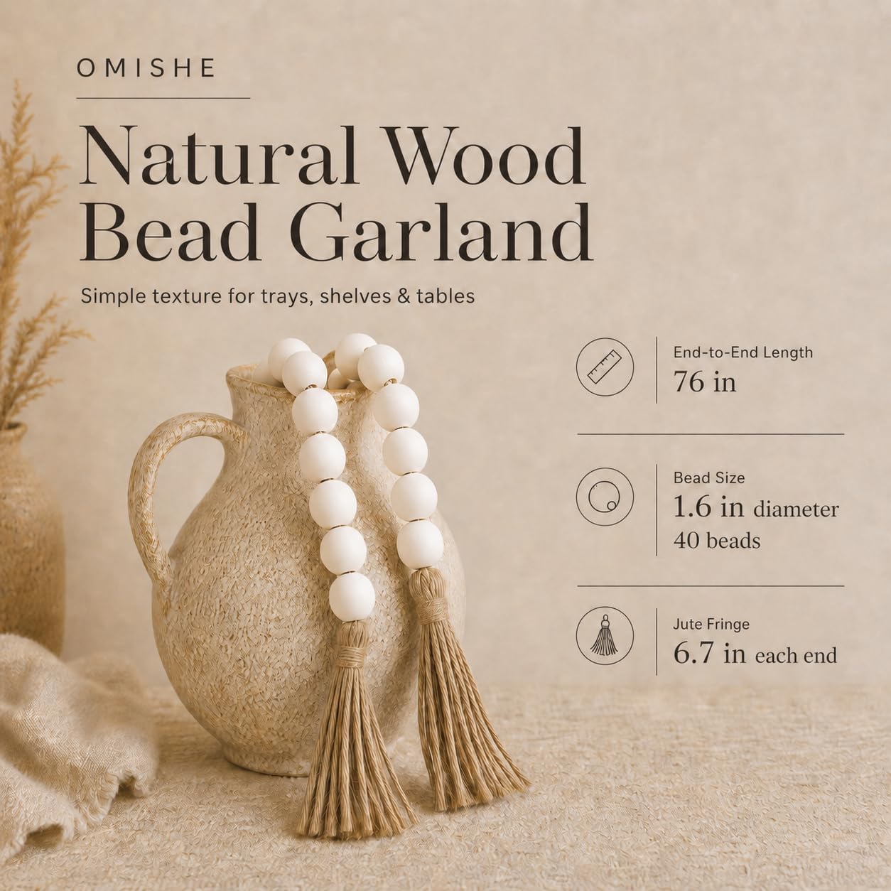 76" Long Extra Large Wood Bead Garland / 4 White / 76 Inches