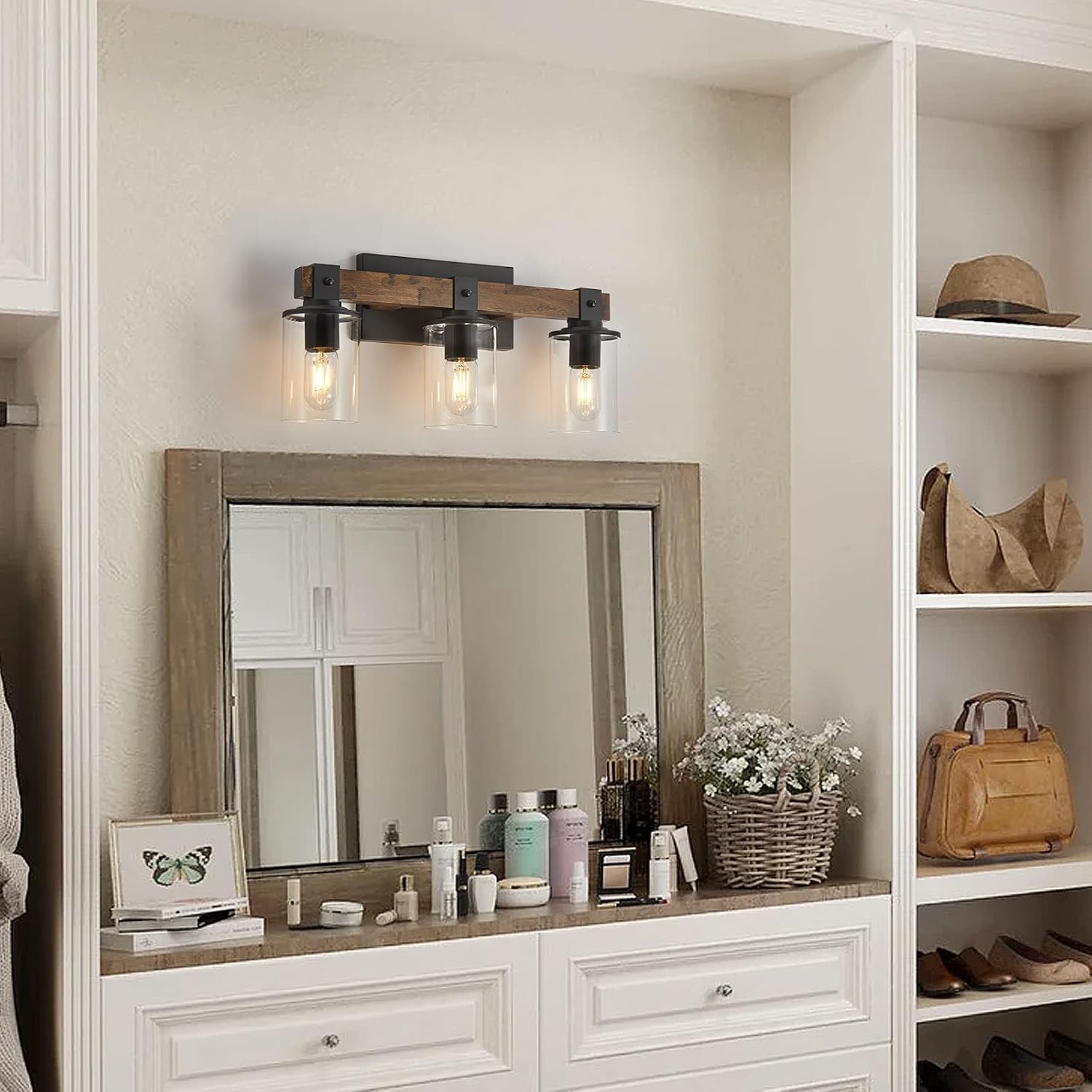 DUJAHMLAND Farmhouse Vanity Light Fixture,3-Light Bathroom Wood Wall Light Over Mirror with Clear Glass Shade, Rustic