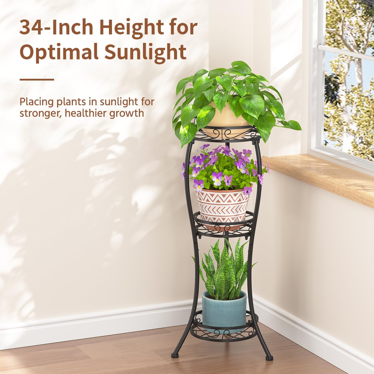 LASZOLA 3 Tiers Metal Corner Plant Flower Stand Tall Indoor Outdoor, Black | Heavy Duty Small Holder Shelf for Multiple