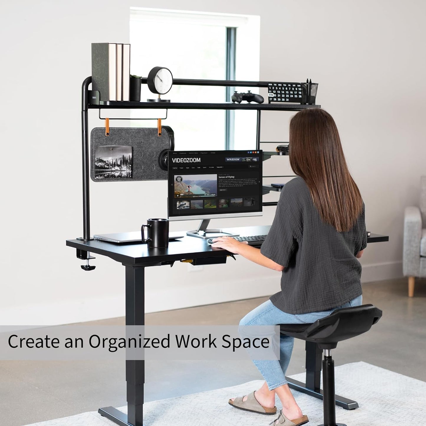 VIVO Black Clamp-on 50 inch Desktop Shelving System, DESK-SHELF55A | Raised Accessory Storage Shelves, Magnetic Memo
