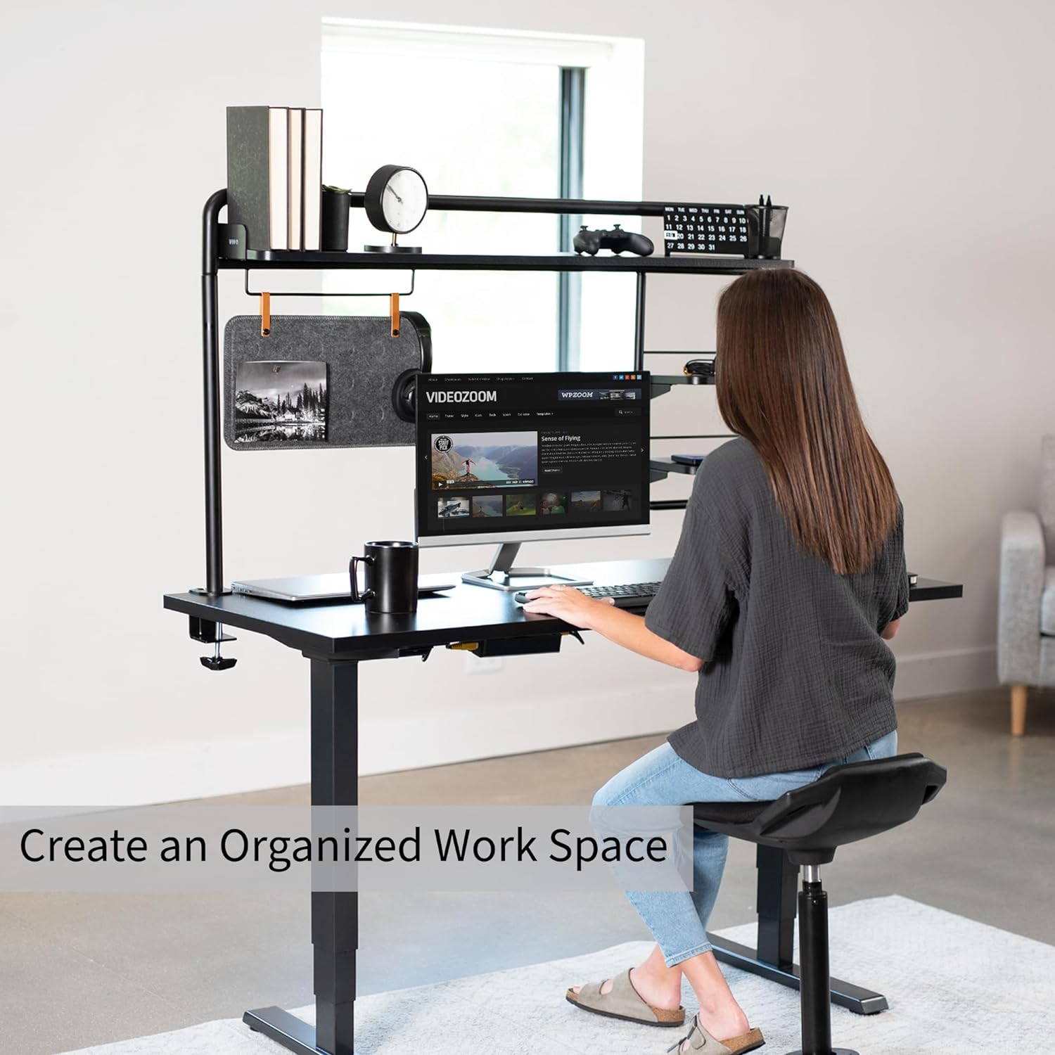 VIVO Black Clamp-on 50 inch Desktop Shelving System, DESK-SHELF55A | Raised Accessory Storage Shelves, Magnetic Memo