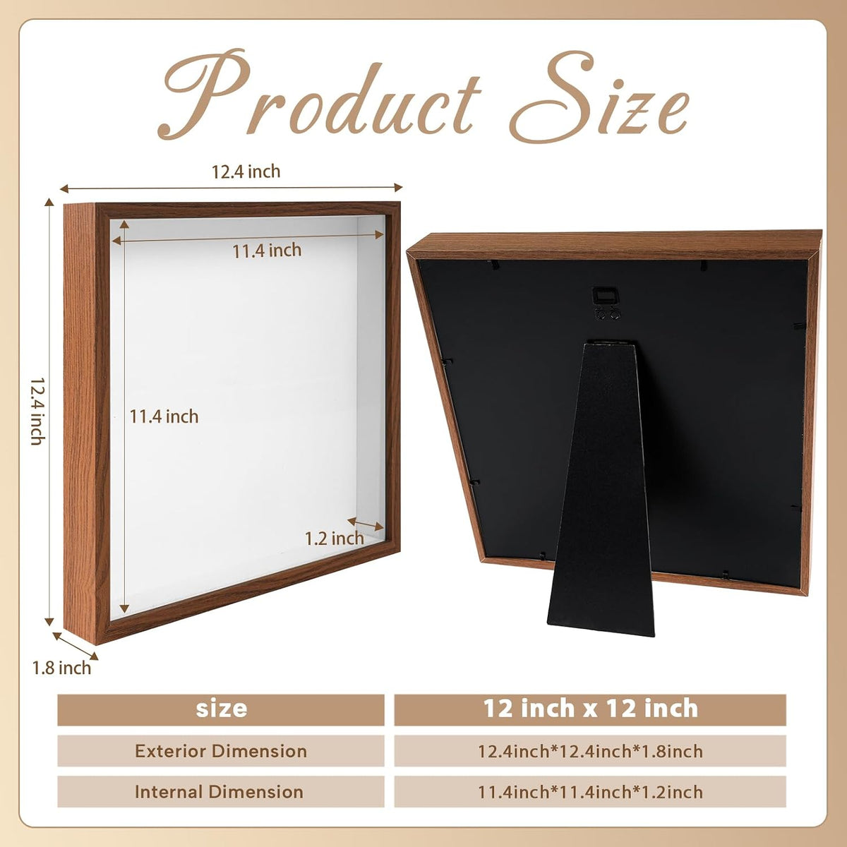 2 Pack 12x12 Shadow Box Frame Deep Shadow Boxes Display Cases with Stand | Wood Shadowbox Display on Tabletop or Wall