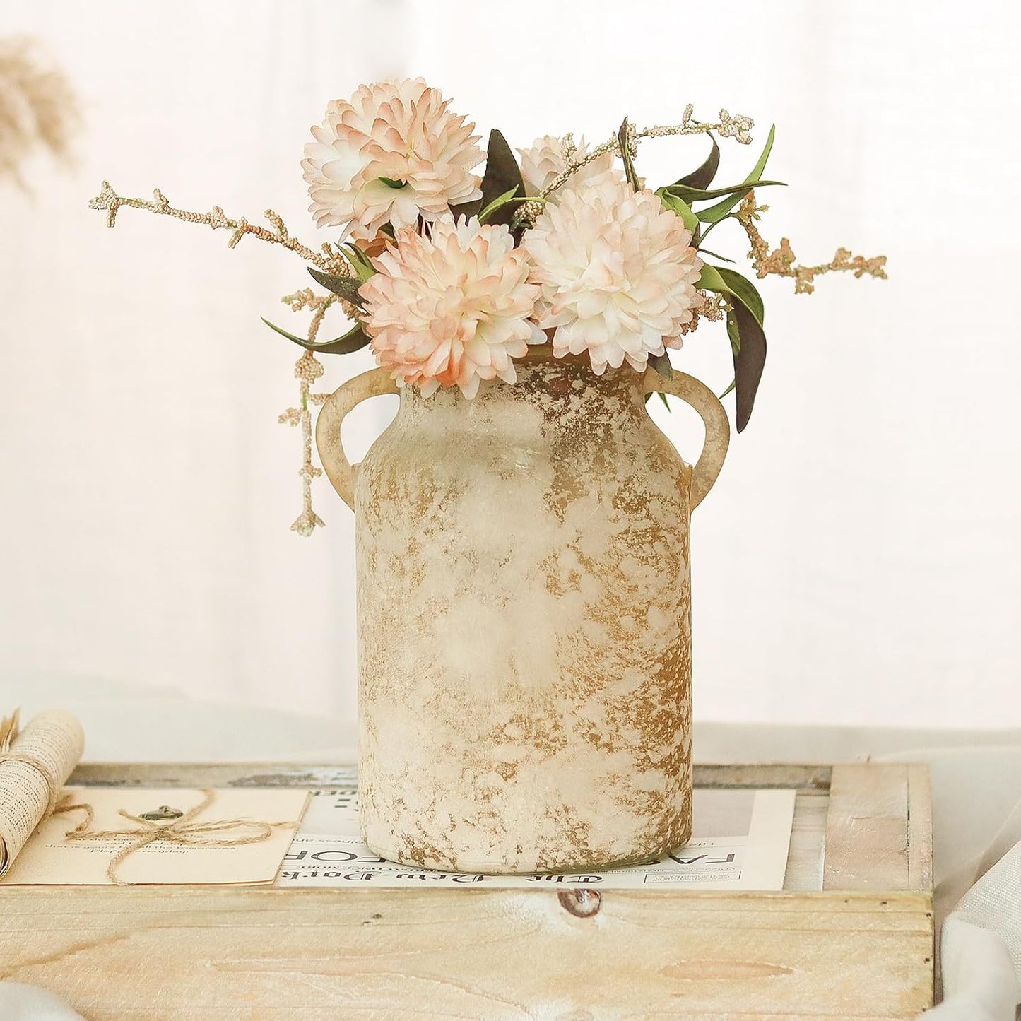 Glass Flower Vase / White Brown / 8 Inch