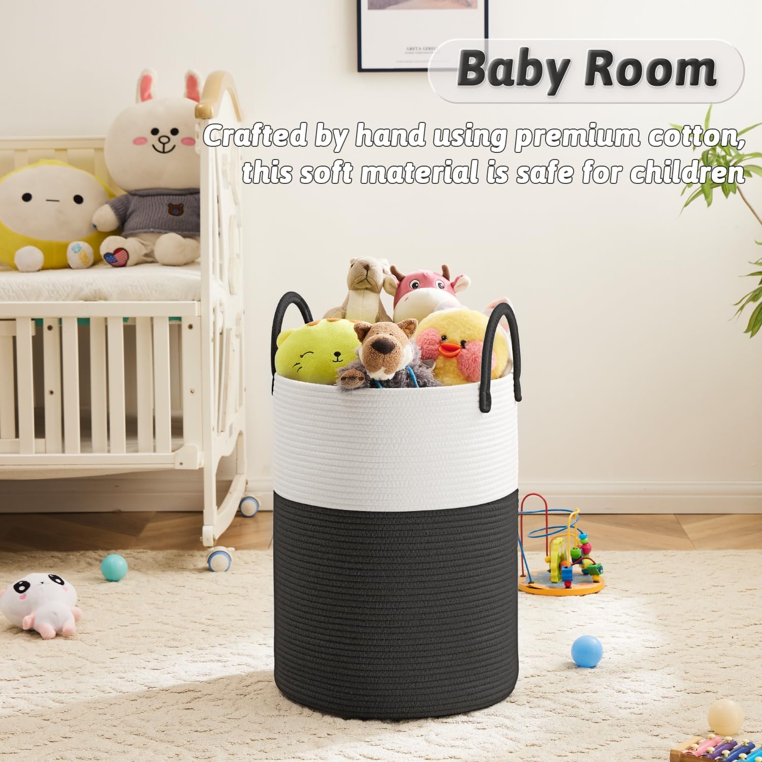 Laundry Basket / Woven Cotton Rope Laundry Hamper / Black / 60L