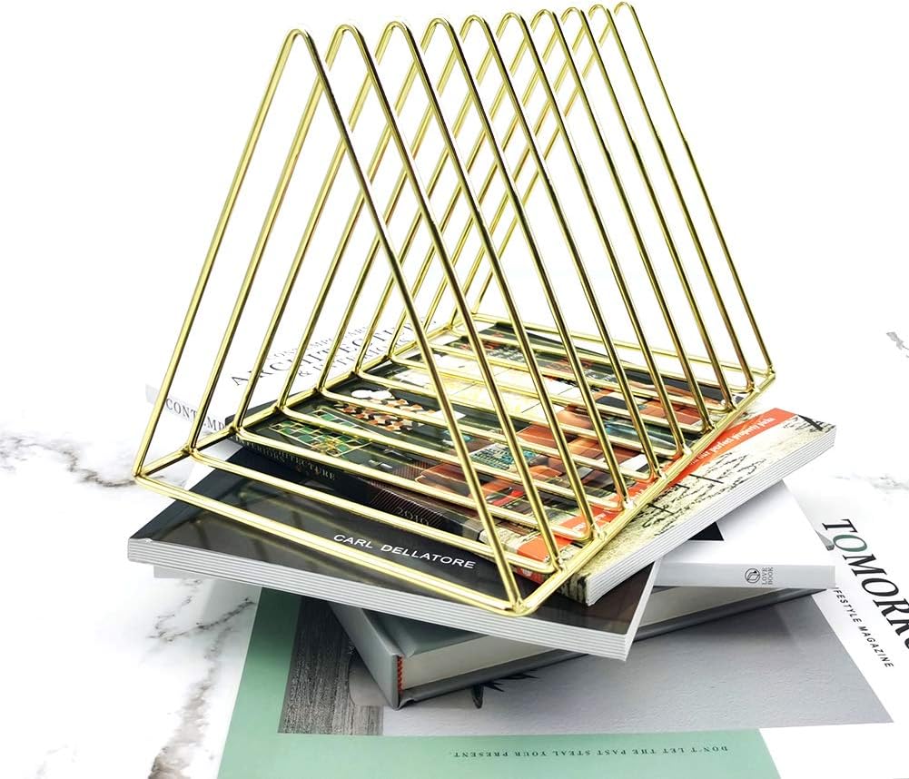9 Slot Magazine Rack Book Record Holder, Desktop Iron Storage Rack Bookshelf Multifunction Triangle File Organizer