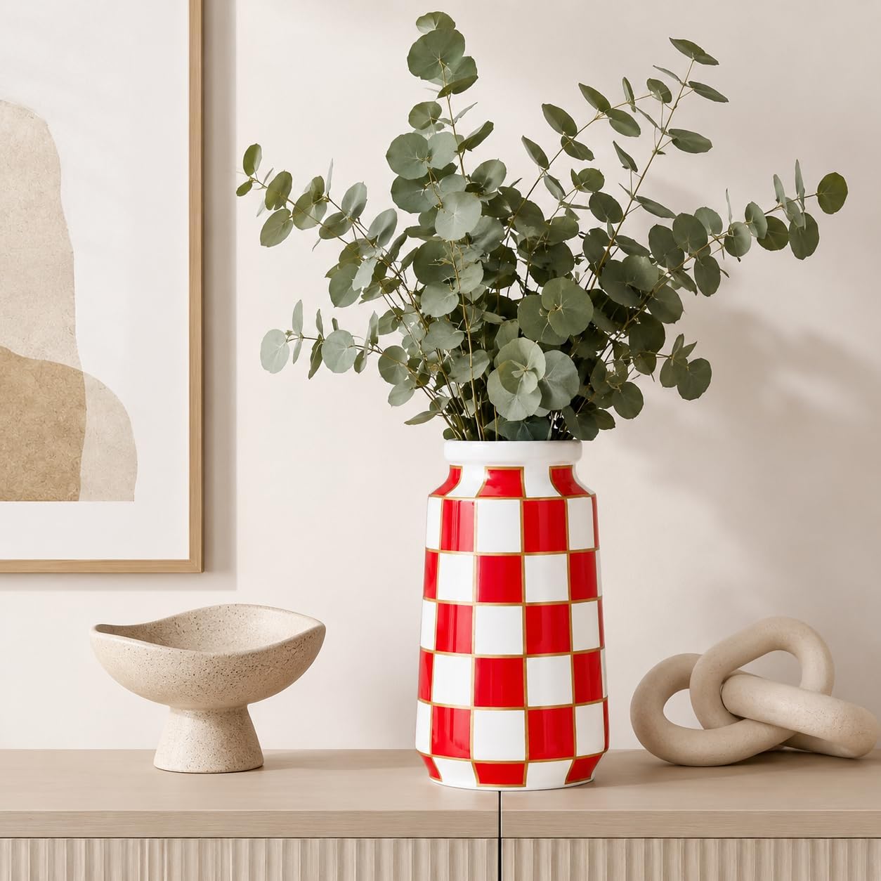 Black and White Ceramic Vase / Red
