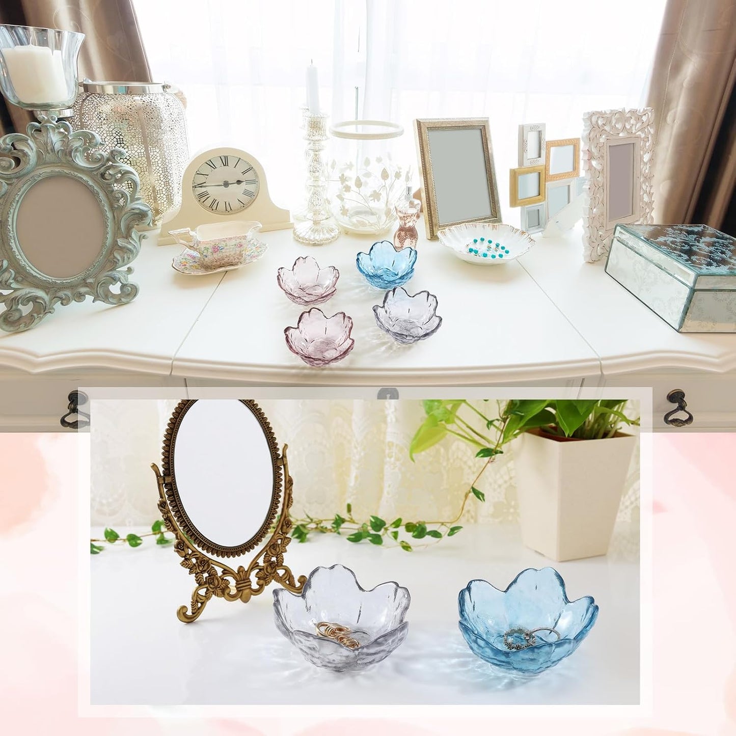 Flower Jewelry Dish Glass Ring Holder Small Decorative Trinket Tray Aesthetic Jewelry / Set of 4