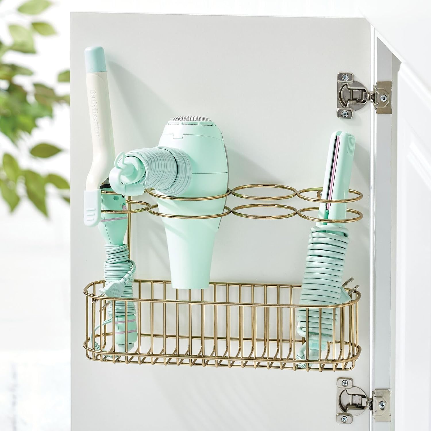 mDesign Hair Dryer Caddy – Wall Mounted Storage Rack with 4 Compartments – Hair Tool Organiser for Dryers, Curling