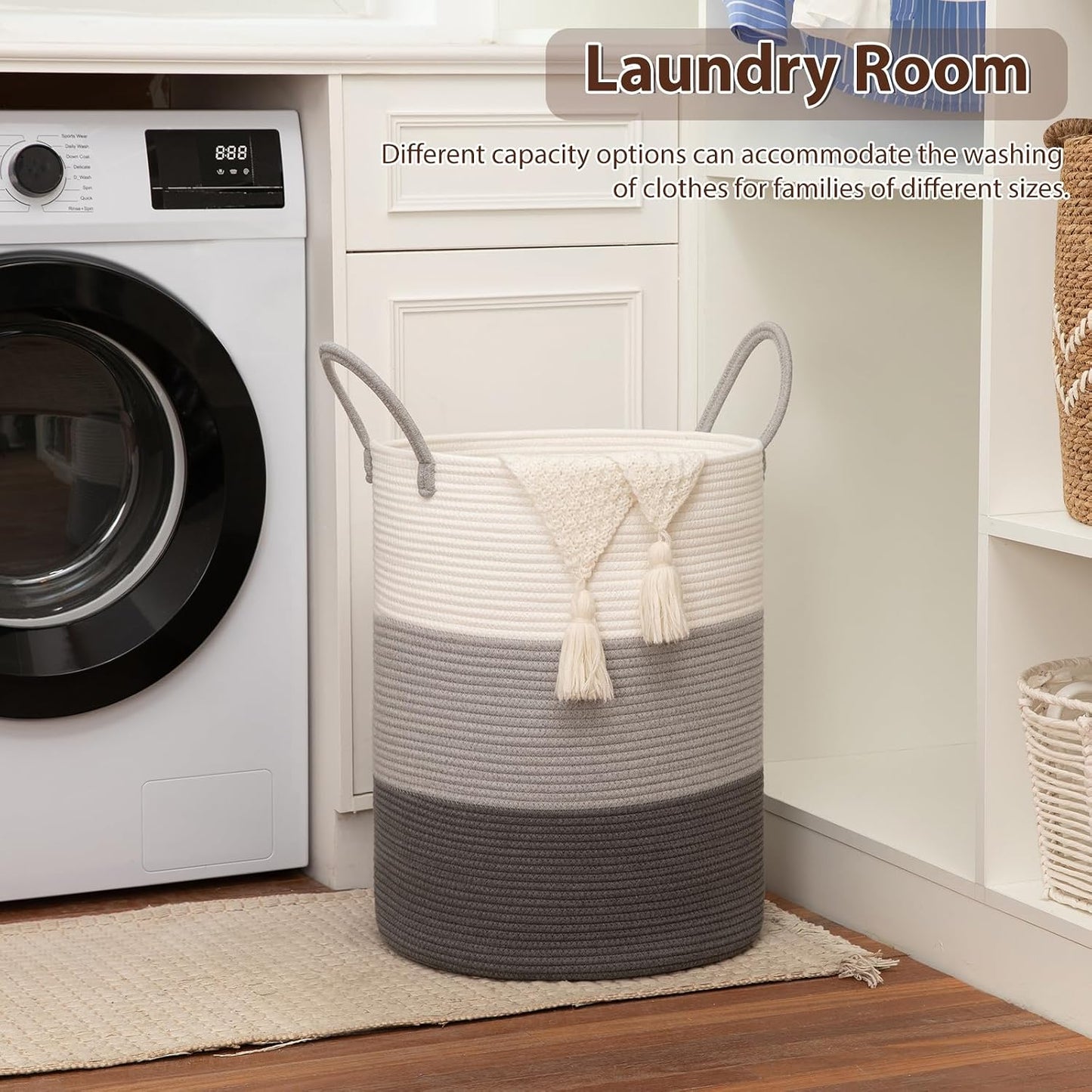 Cotton Rope Woven Basket for Blankets / Gradient Grey / 60L