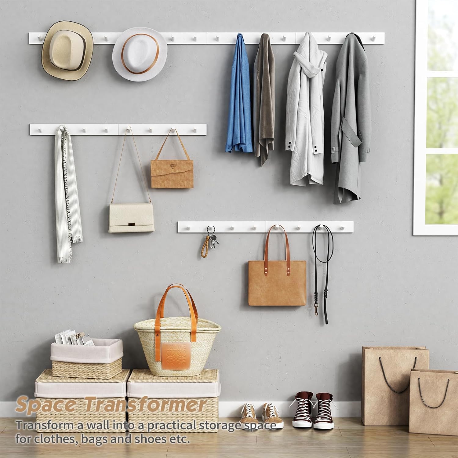 Wood Entryway Coat Rack Wall Mounted Heavy Duty / Bamboo White / 16 Inch / Set of 4