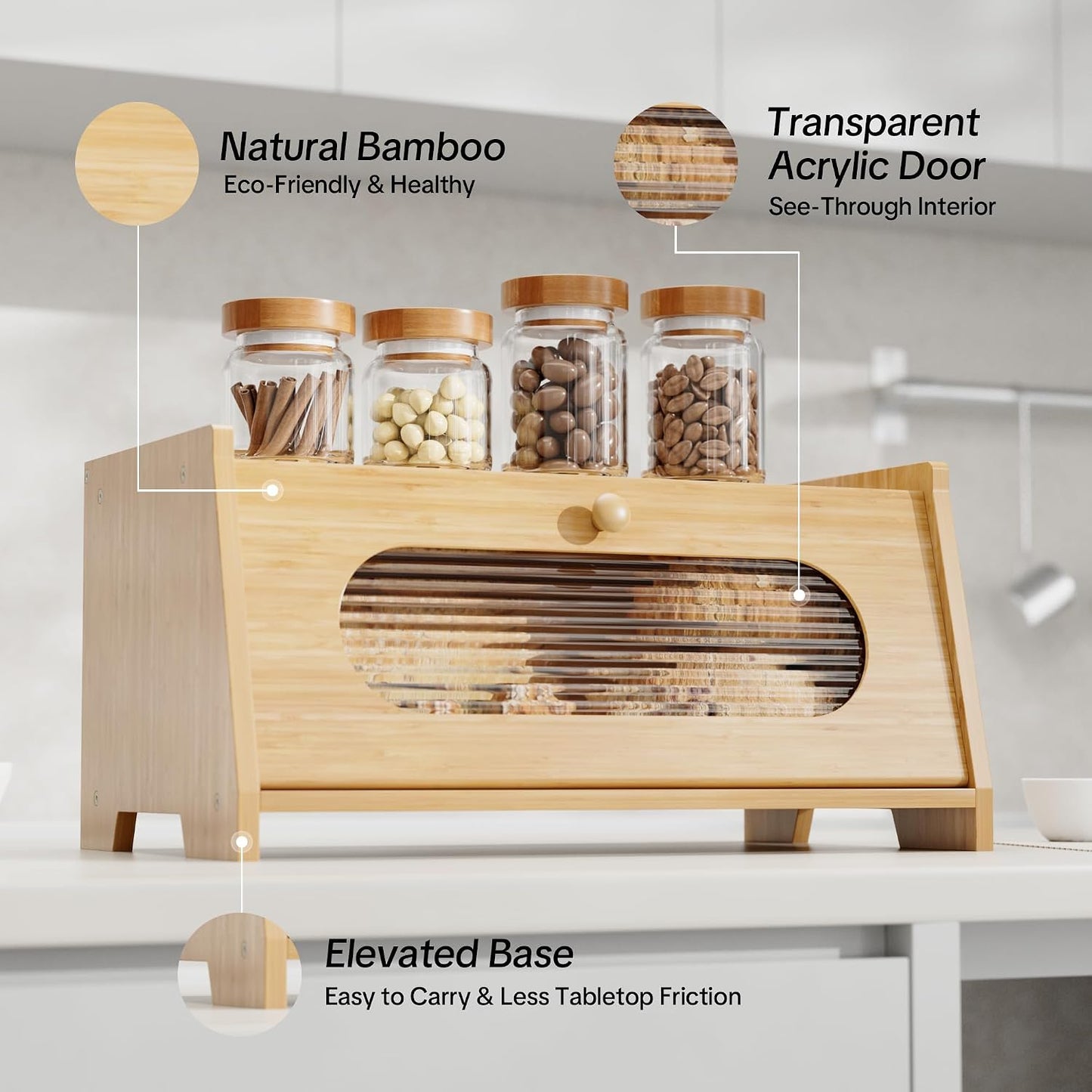 Bamboo Bread Box for Kitchen Countertop,Large Capacity Kitchen Countertop Organizer,Bread Storage with Acrylic Window