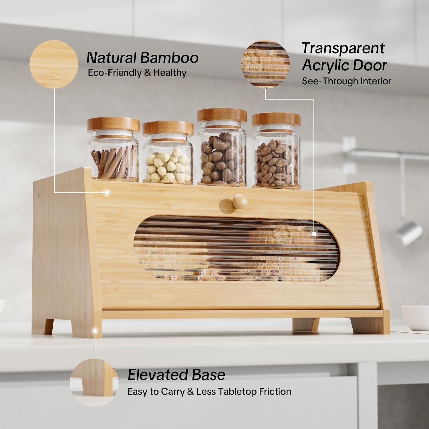Bamboo Bread Box for Kitchen Countertop,Large Capacity Kitchen Countertop Organizer,Bread Storage with Acrylic Window