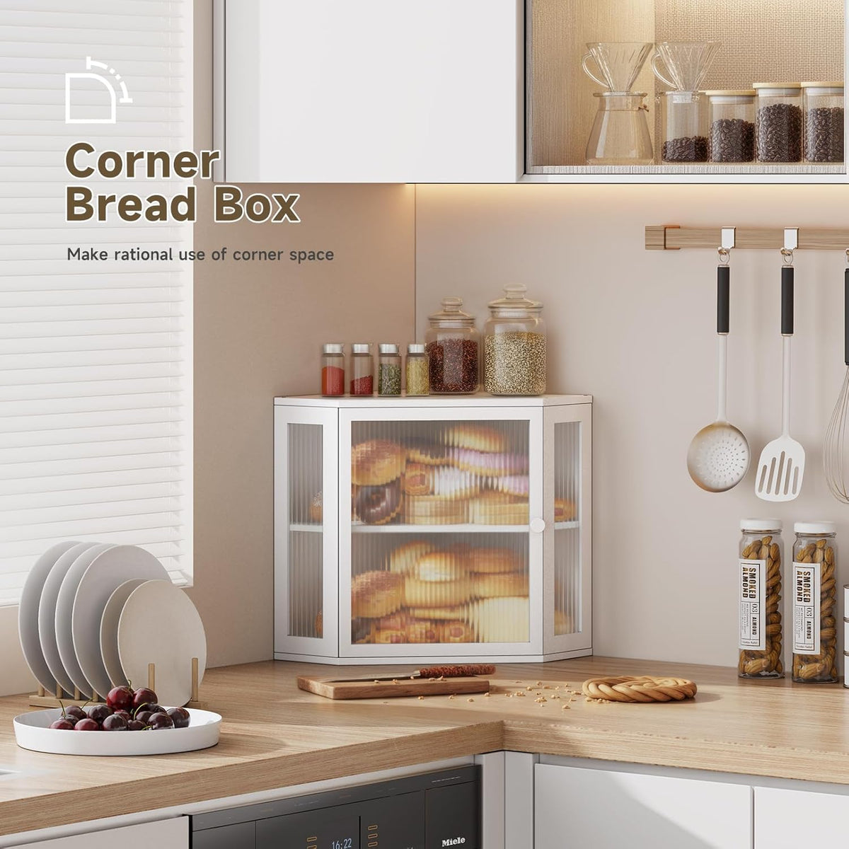 Corner Bread Box for Kitchen Countertop,Bread Storage Bin (White, Medium) | Double Layer Large Capacity Bamboo Bread