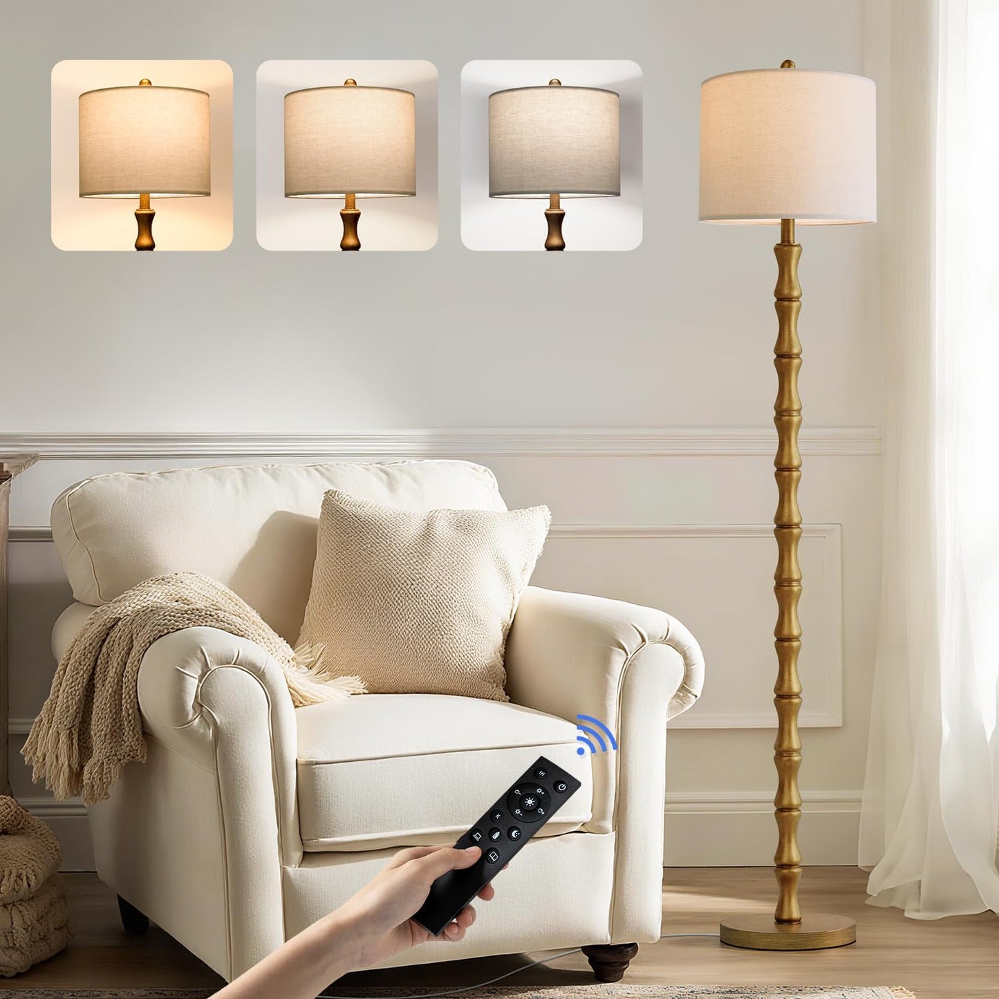 BOBOMOMO 62" Rustic Farmhouse Floor Lamp Antique Gold with Remote & Dimmable 9W Bulb, 3 Color Temperatures Resin