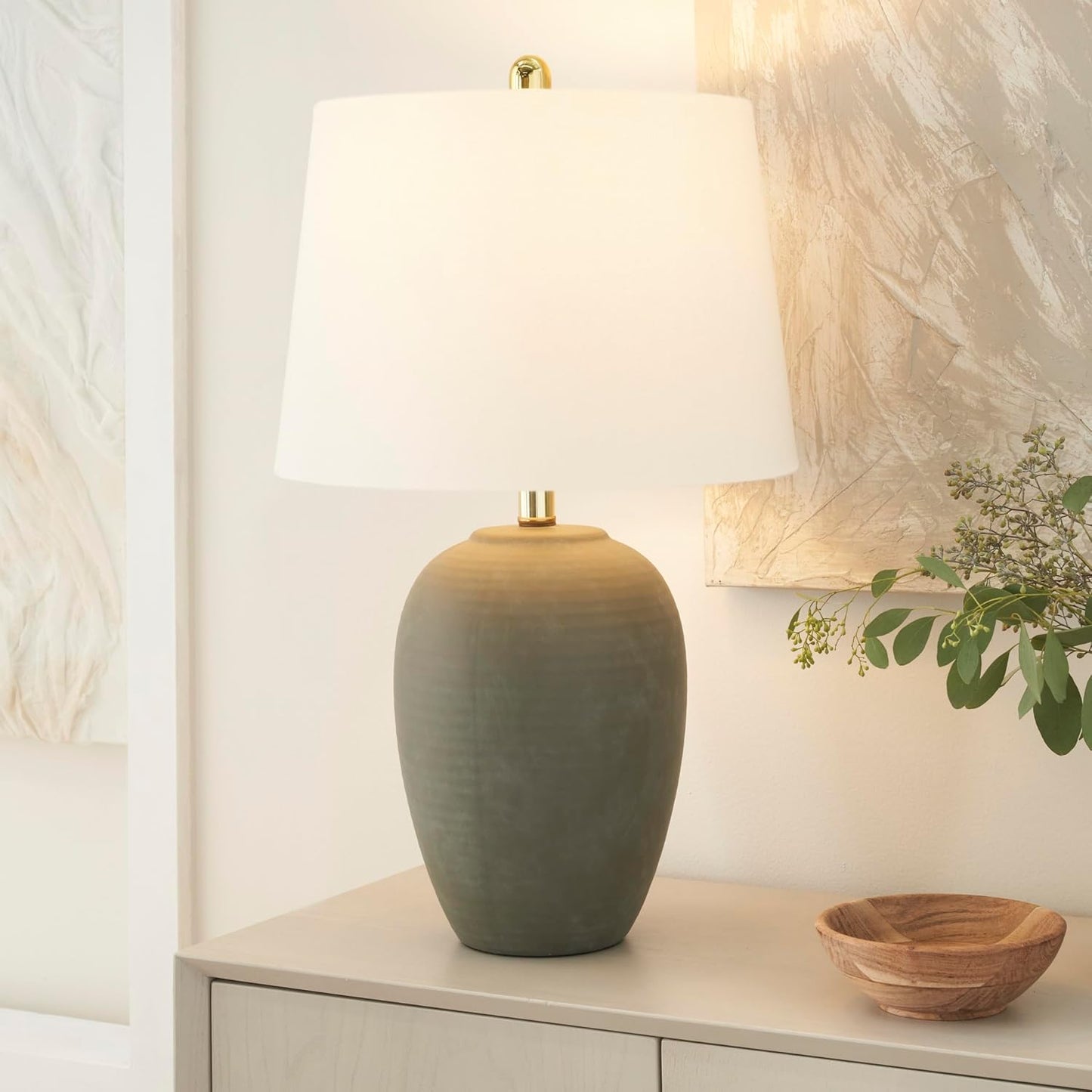 Nourison Home 23" Olive Green Ceramic Pot Table Lamp for Bedroom, Living Room, Dining Office, with White Tapered Drum