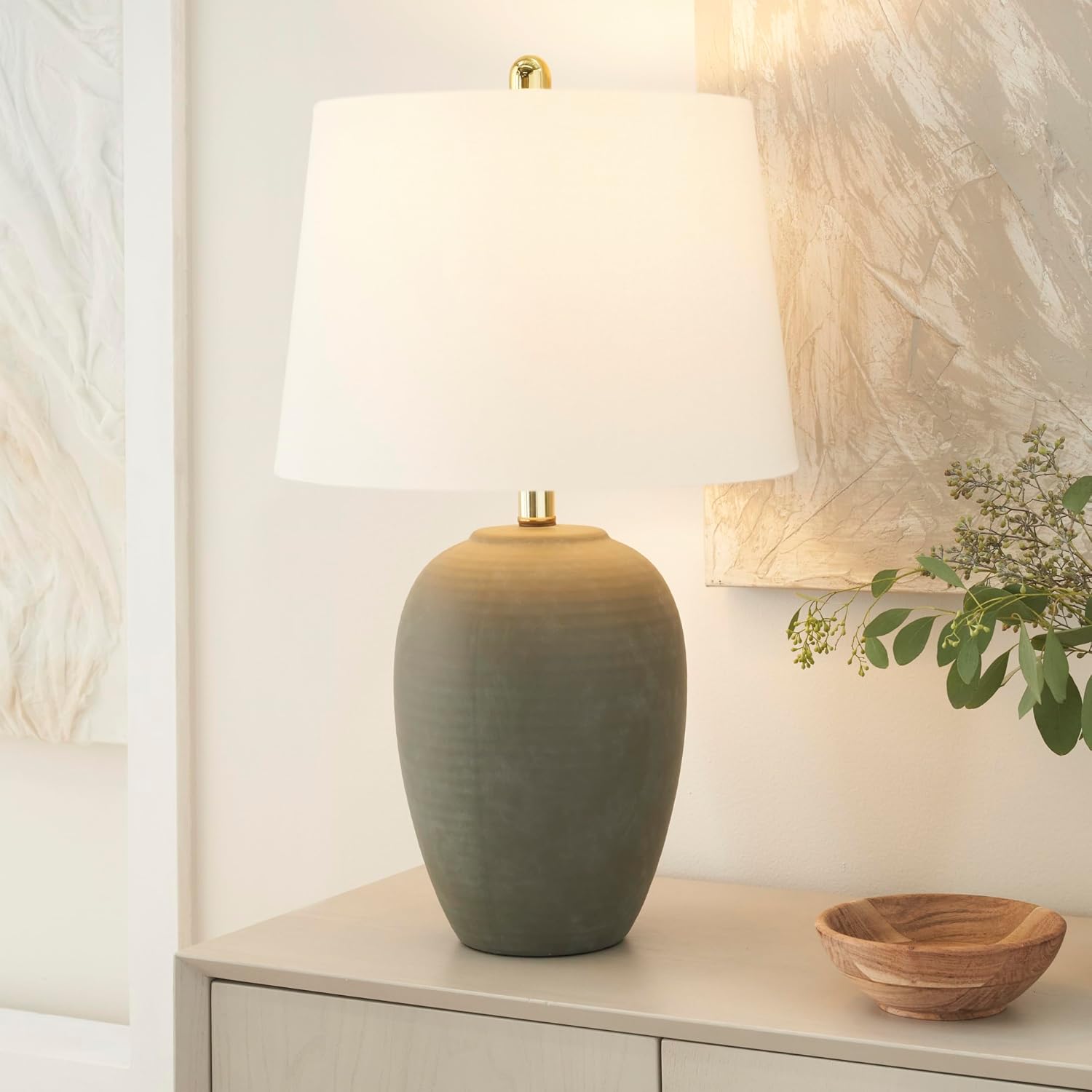 Nourison Home 23" Olive Green Ceramic Pot Table Lamp for Bedroom, Living Room, Dining Office, with White Tapered Drum