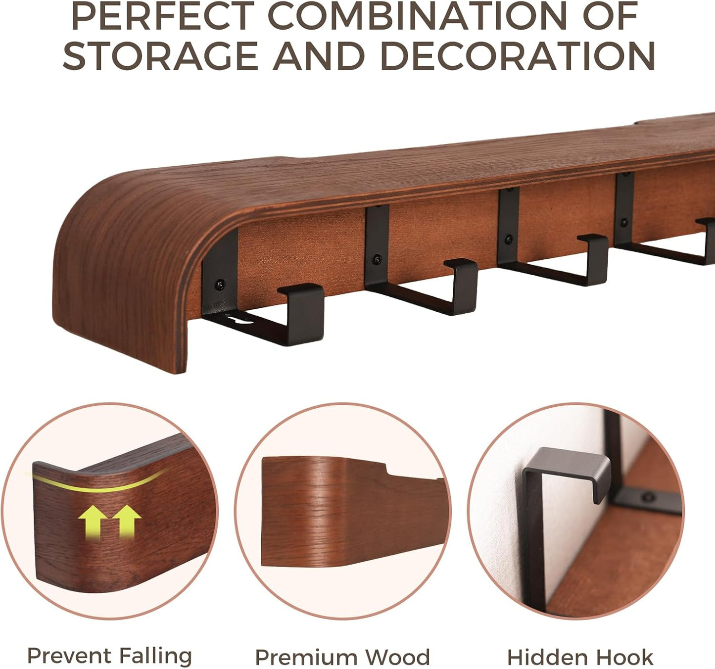 Shelf Entryway Shelf Modern Key Holder Hanger Wall Shelves / Walnut Color / 5 Hooks