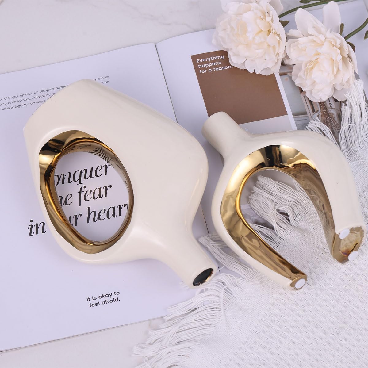 Ceramic Vase / Modern Donut & Hollow Style / White and Gold / Set of 2