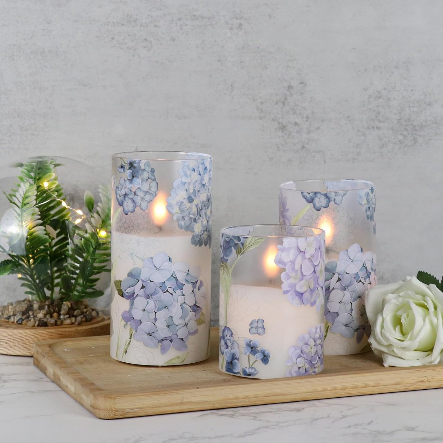 Hydrangea Glass Flameless Candles Batttery Operated Remote Timer | LED Flickering Pillar Candles, Real Wax 400 Hours