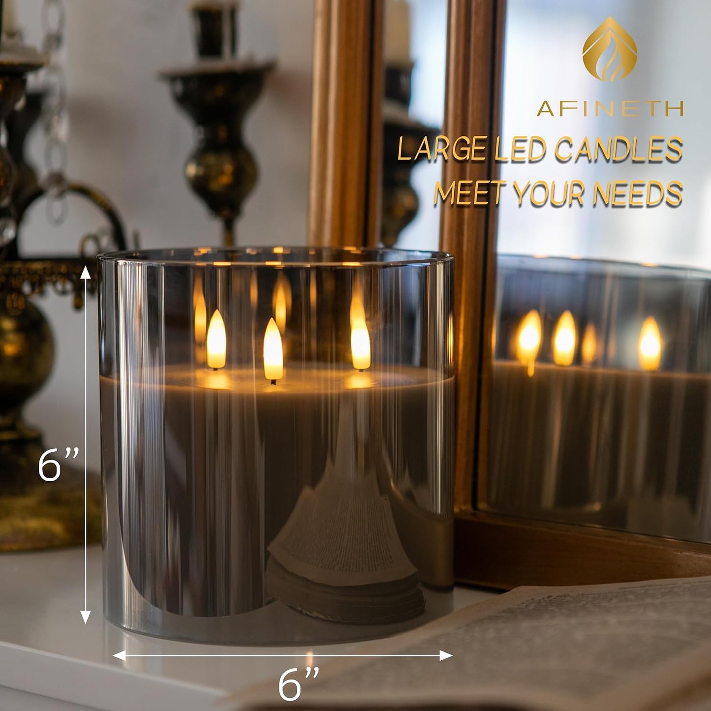 Extra Large Flameless Candles with 3 Wicks, 6"x6" Glass Battery Operated Candles with Remote, Real Wax Flickering LED