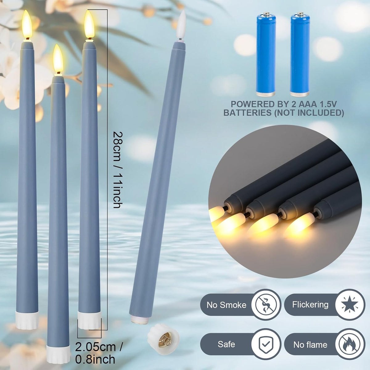 Macarrie 24 Packs Flameless Taper Candles Battery LED 11",Haze Blue | Fake Candlelight Flameless Candlesticks