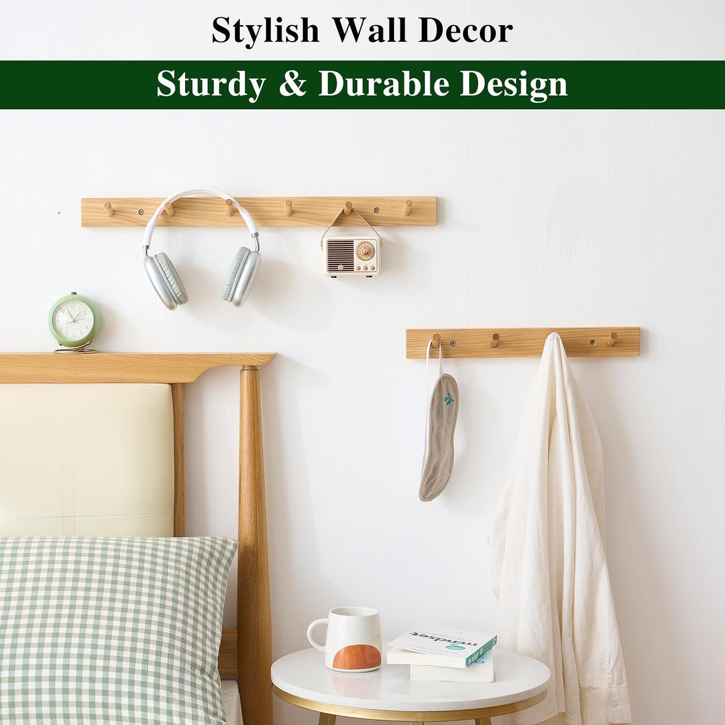Hickory Wood Coat Rack Wall Mount 24 inches, Wooden Coat Hooks with 6 Hooks Coat Hanger for Hanging Hat Jacket Purse