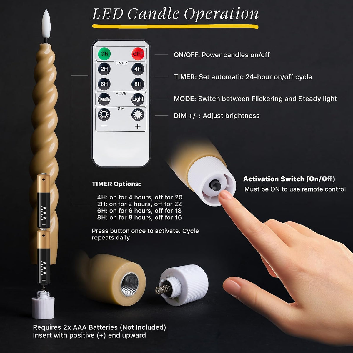 Full Twisted Spiral Flameless LED Taper Candles – Light Tan, Set of 6 – 2/4/6/8-Hr Timer (24-Hr Memory), Remote