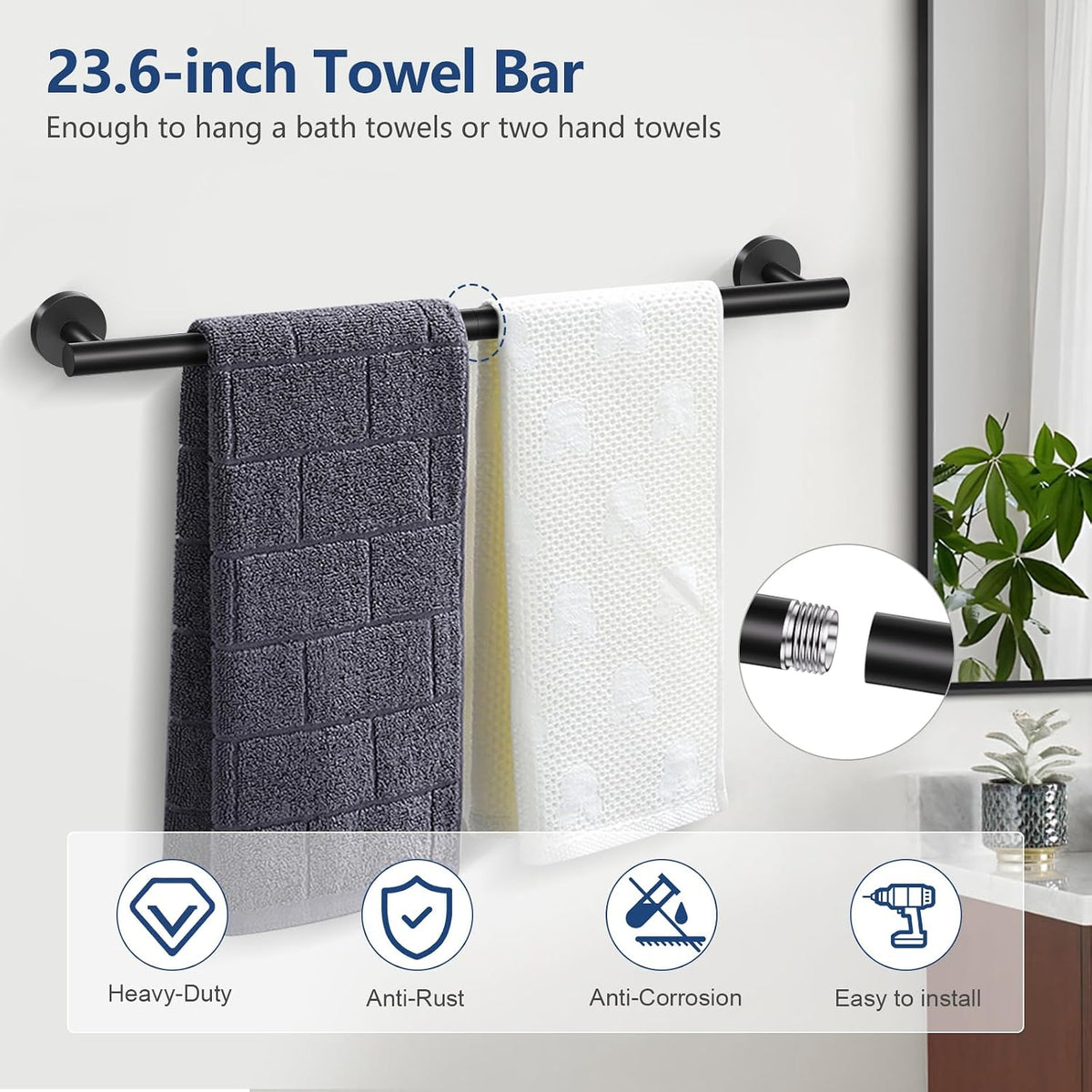 TQKAG Bathroom Hardware Set Black, 5 Piece Bathroom Towel Bar Holder Sets | SUS304 Stainless Steel, 23.6" Toilet Paper