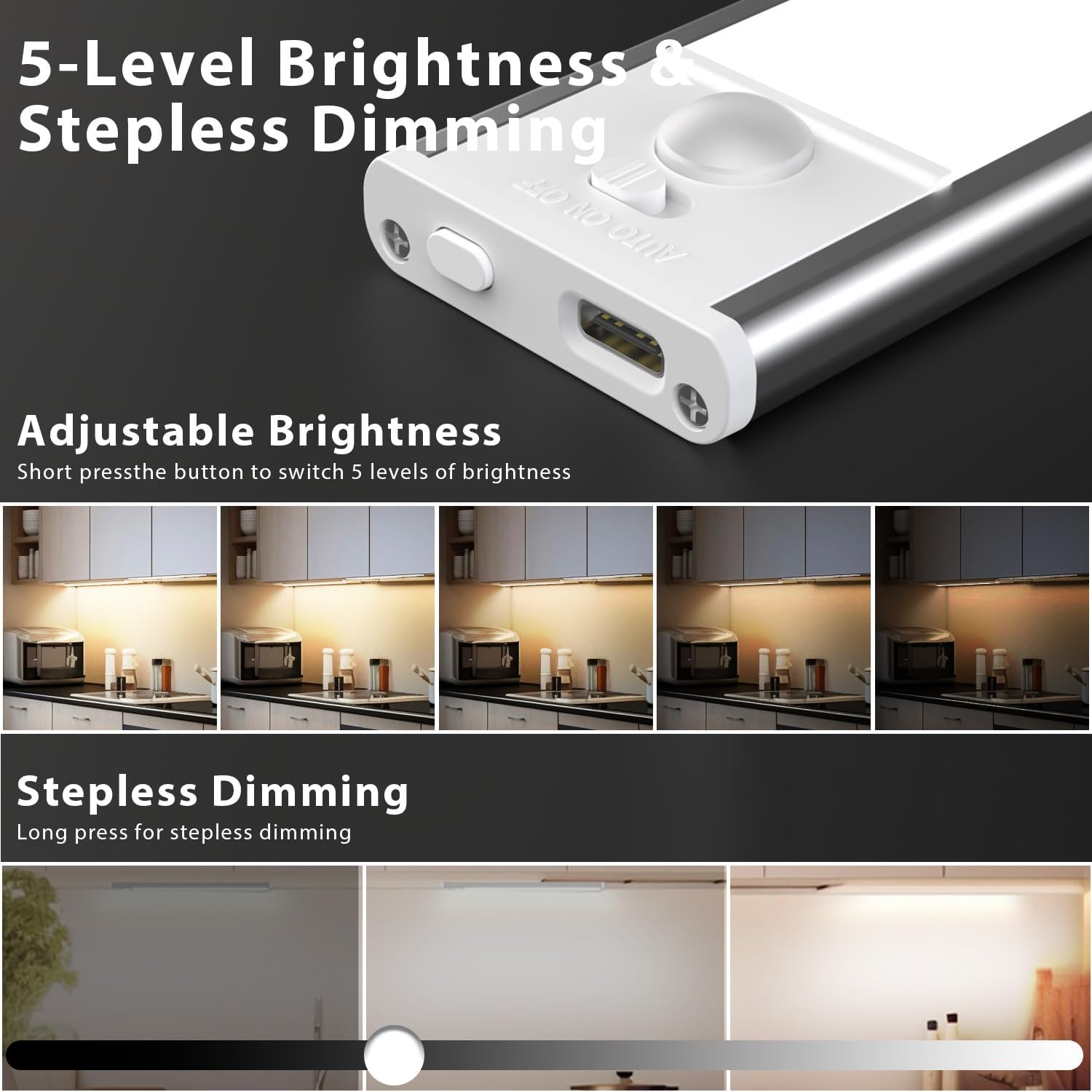 DAYBETTER 8inch Under Cabinet Lighting,4 Pack Motion Sensor Light Indoor | Rechargeable,3 Color Temps,5 Levels Dimmable