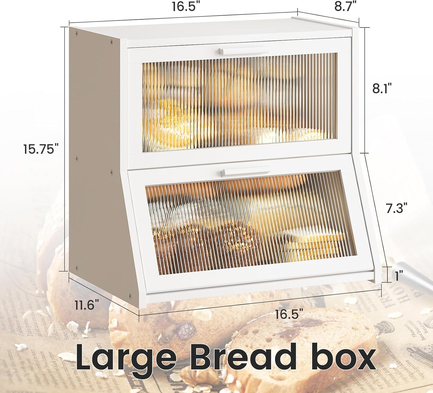 GHWIE Double Layer Bamboo Bread Box for Kitchen Counter,Large Capacity Bread Storage Bin,Bread Container with Acrylic